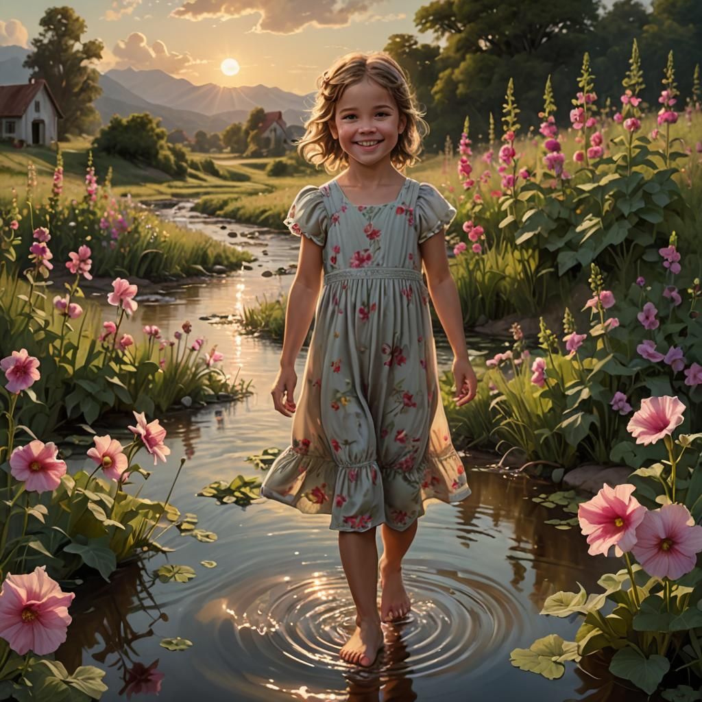 Smiling Child in Stream: Digital Matte Painting