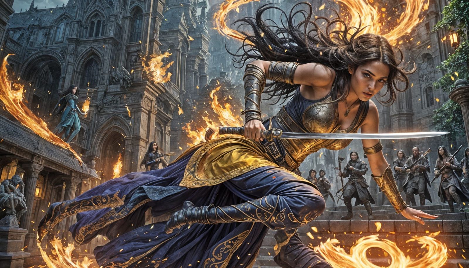 Dynamic Fire Sorceress in Dark Fantasy Style