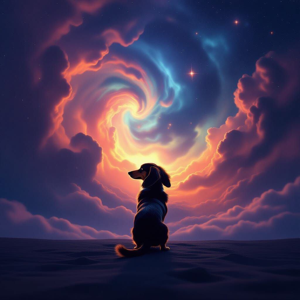 Dachshund Silhouette Against Cosmic Nebula