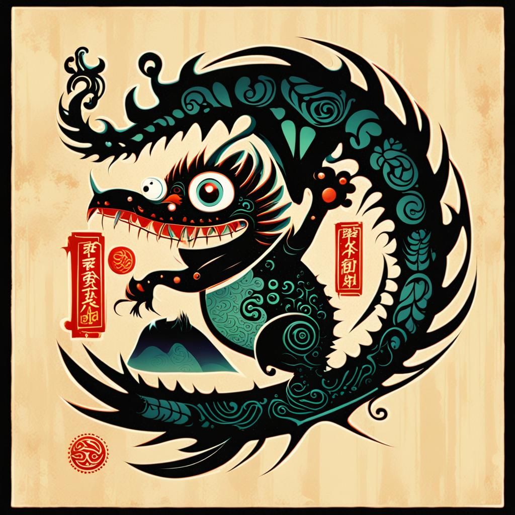 Vintage Japanese Monster in Art Nouveau Style