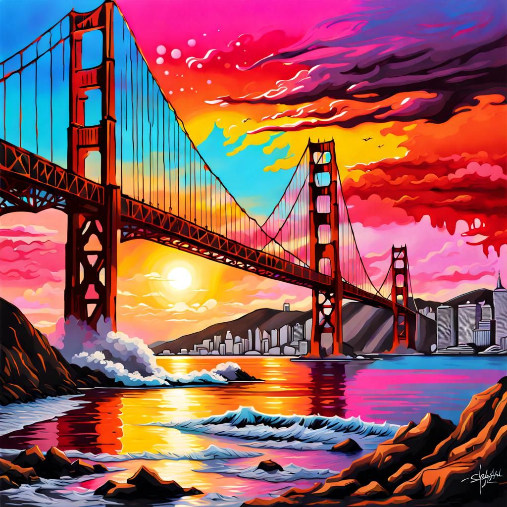 Colorful Graffiti Sunset over Golden Gate Bridge
