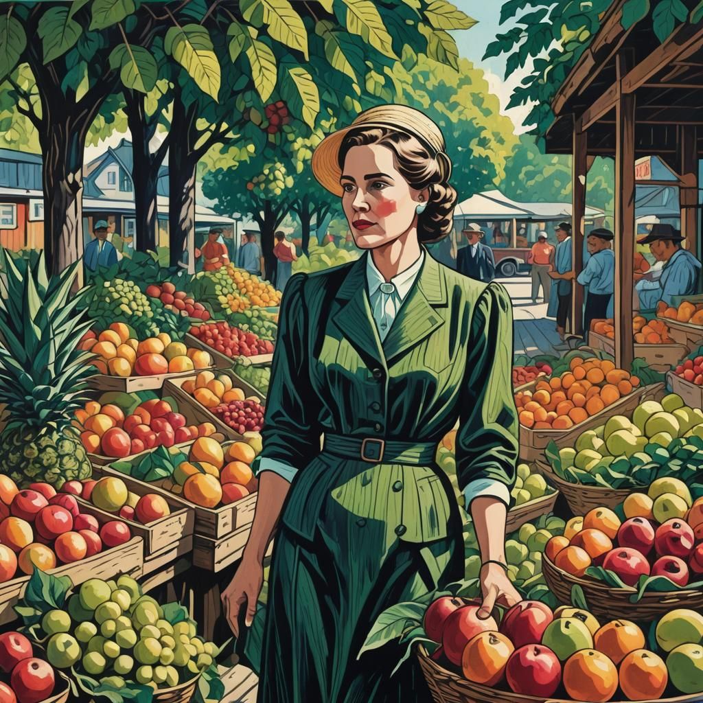 Woman at Fruit Stand in Woodcut Sketch Style