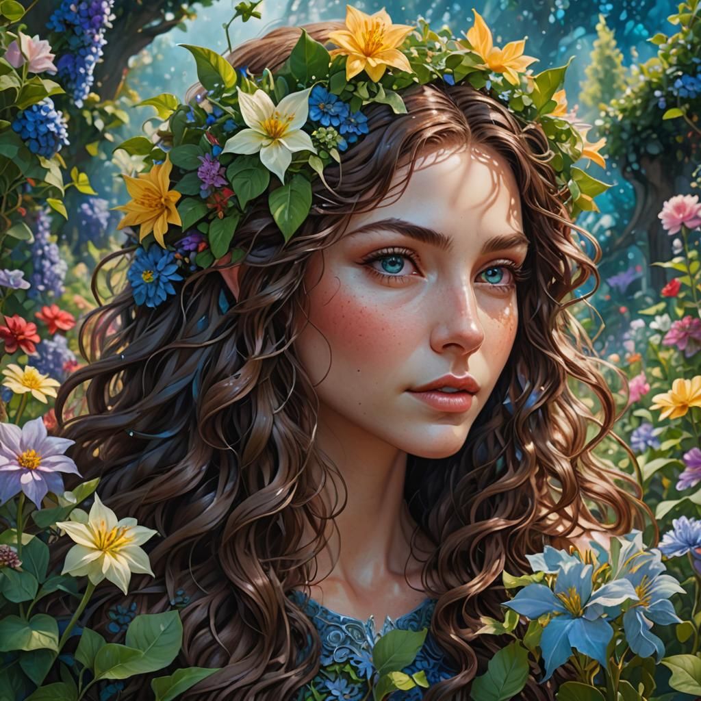 Elf Woman in Flower Garden: Hyperrealistic Digital Art