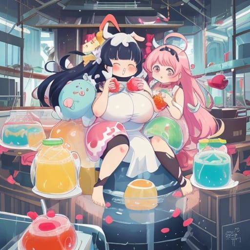Anime Girls Feast on Jell-O in Factory