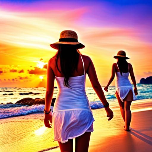 Lovely art Picture of Pattaya beach Thailand with beautiful Thai women on beach. Show a sign to beach labelled "Pattaya"