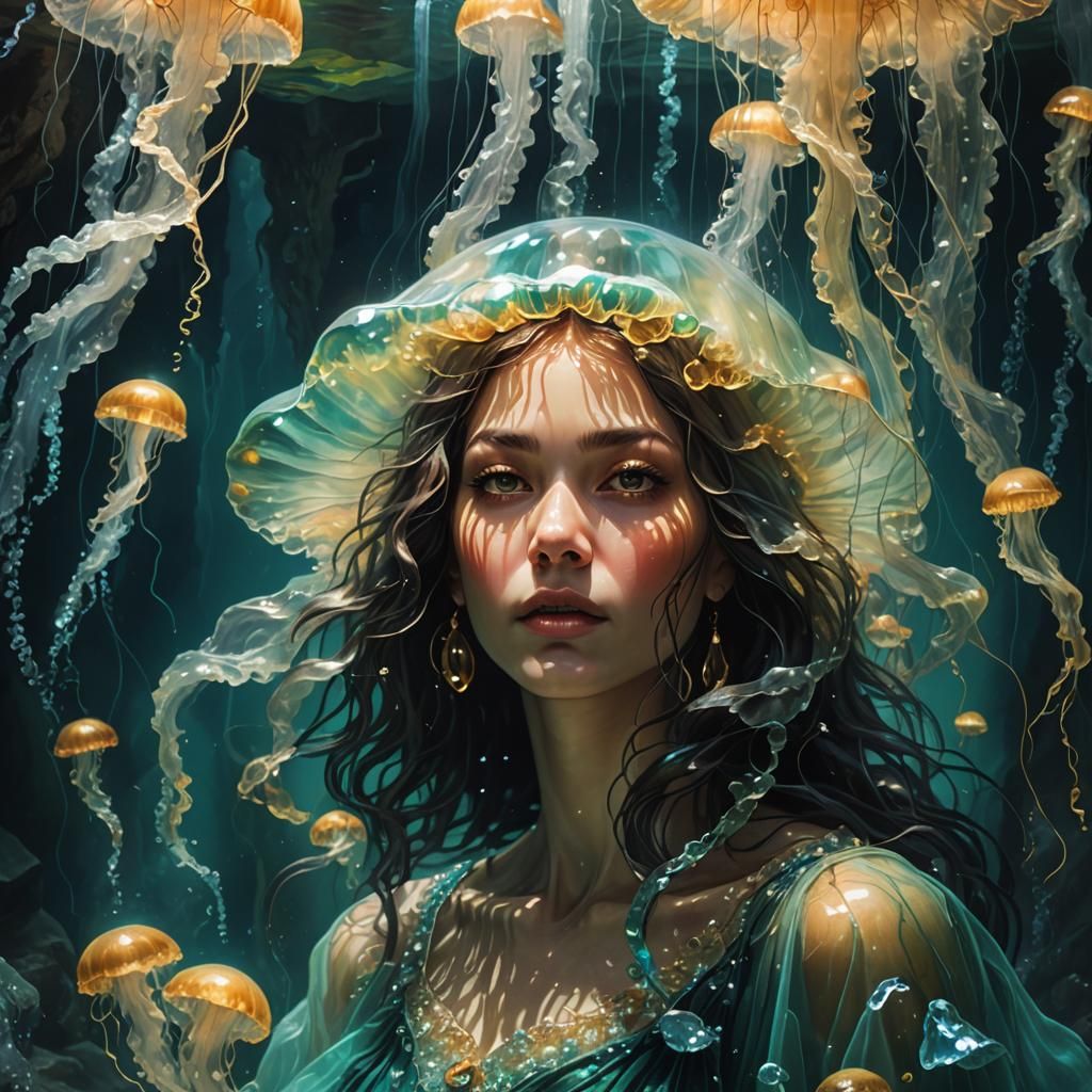 Submerged Veiled Woman in Iridescent Cavern