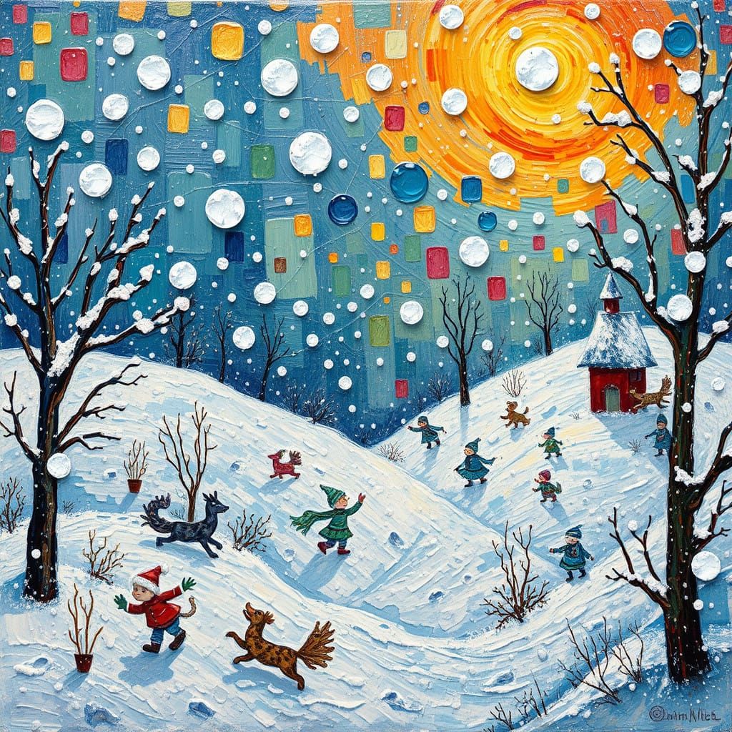 Charming Winter Wonderland in Bold Neo-Impressionist Style