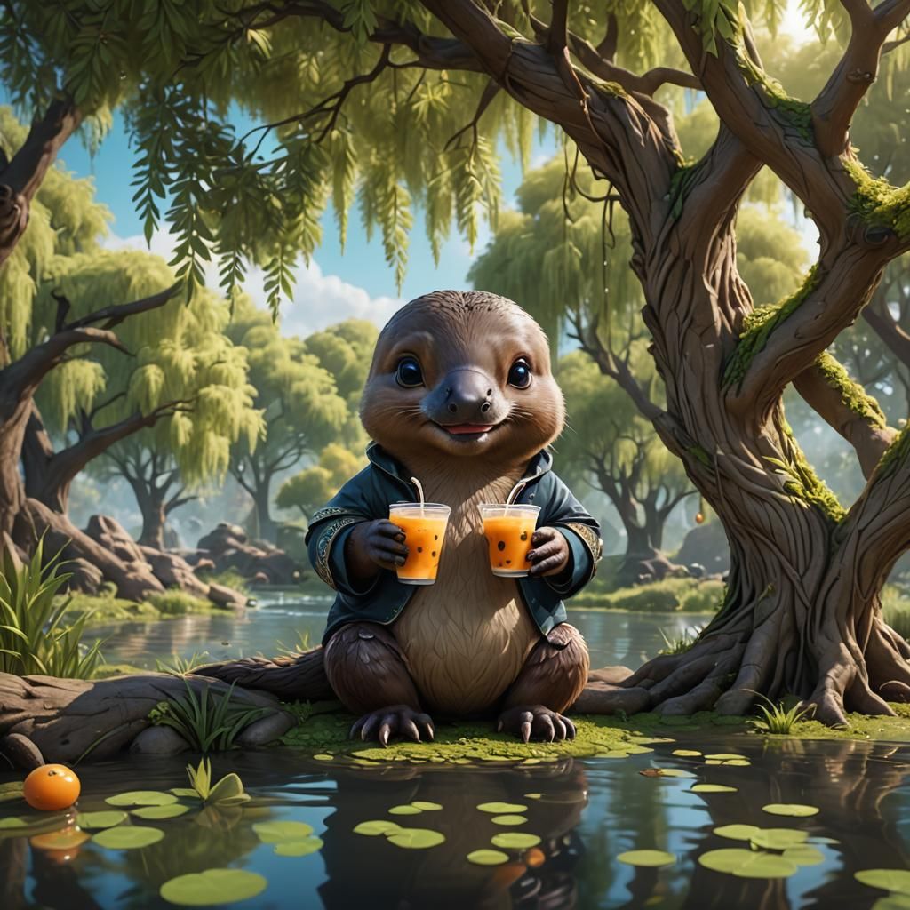 Baby Platypus Boba Tea: Detailed Fantasy Art