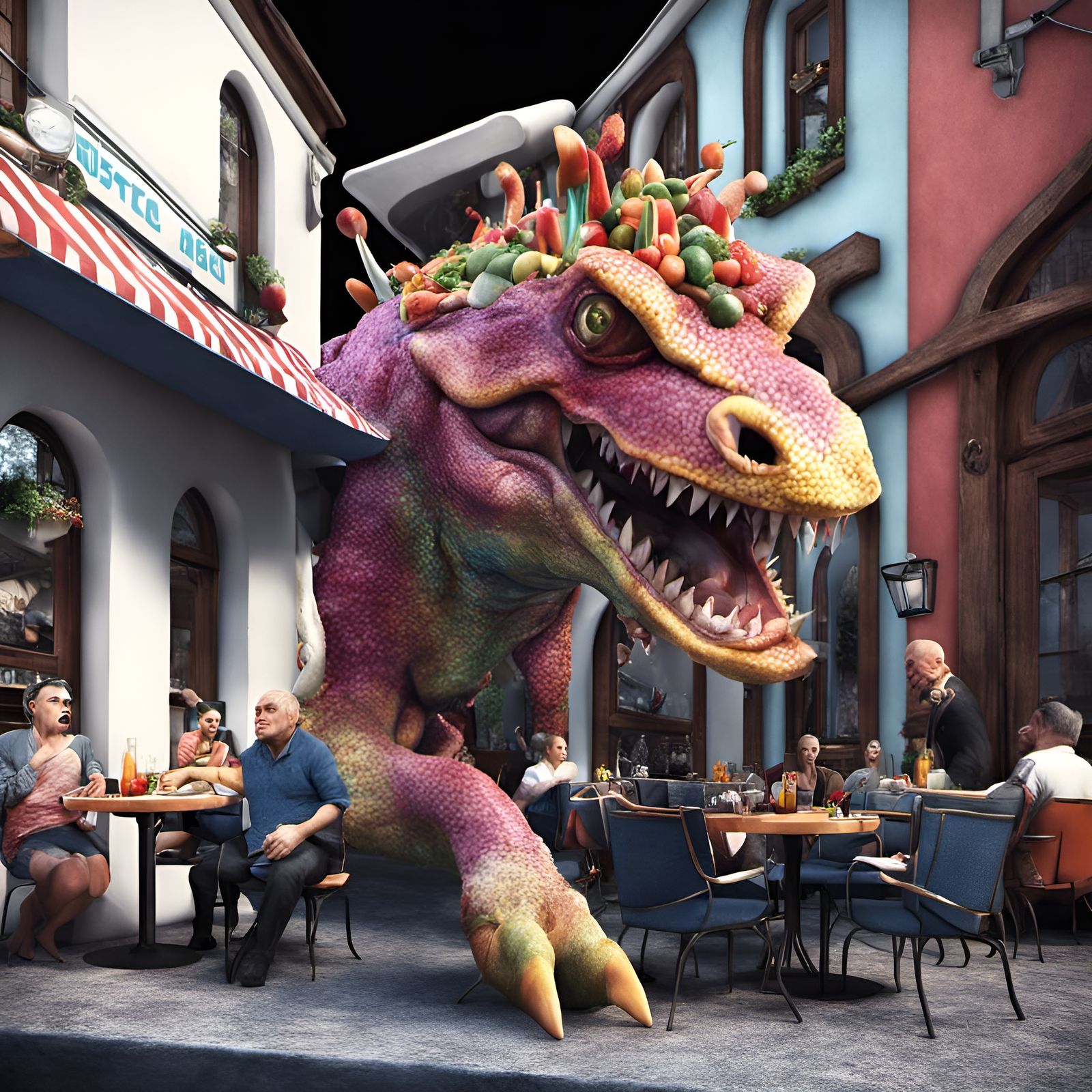 Colorful Hybrid Man Feasting in Bizzarro Bistro