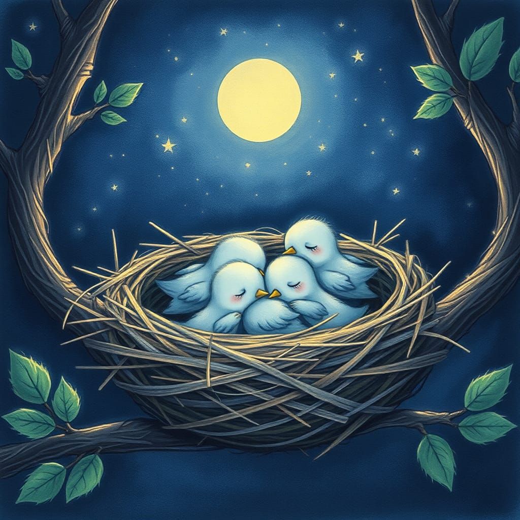 Charming Drawing of Bird Nest at Night