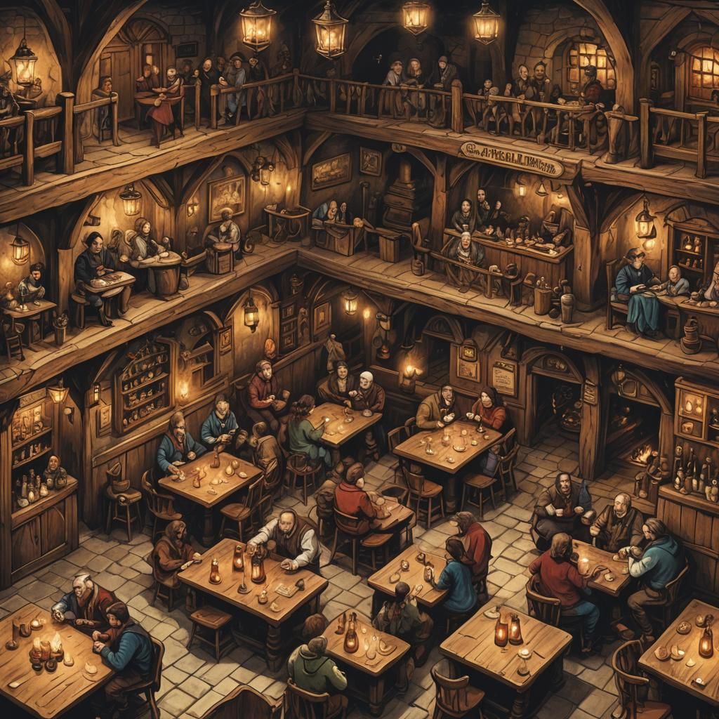 Cozy Tavern Scene in Whimsical Fantasy Illustration