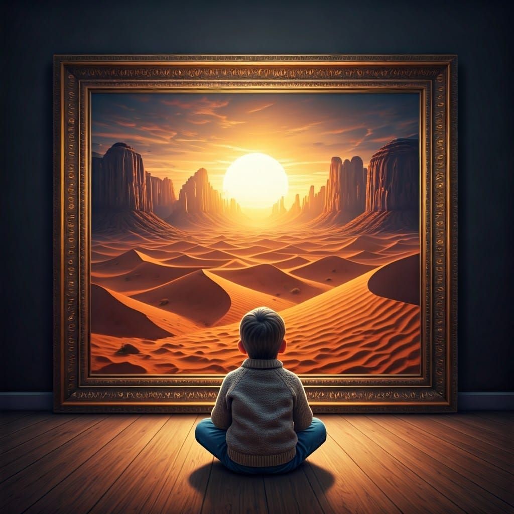 Child Gazing at Desert Picture Frame, Surreal Digital Art