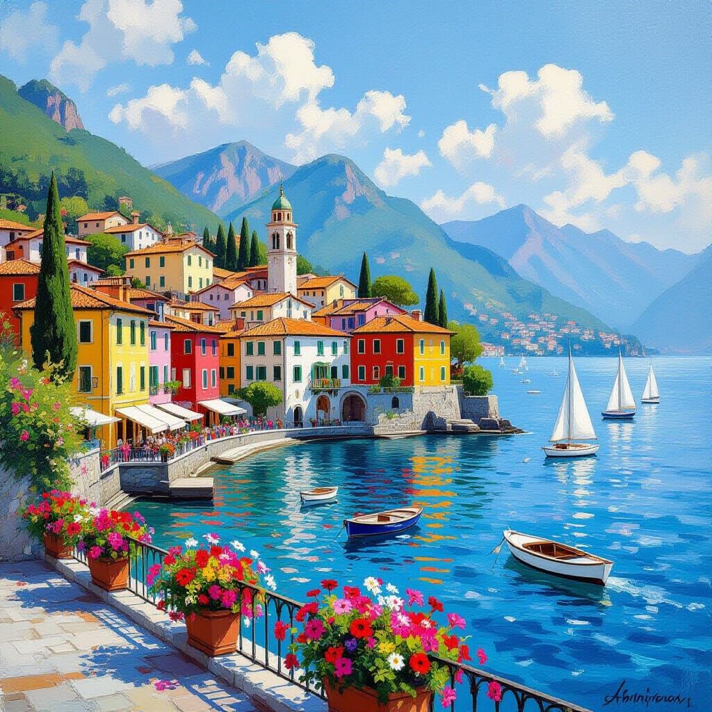Italian Lakeside Village in Summer: Oil Painting