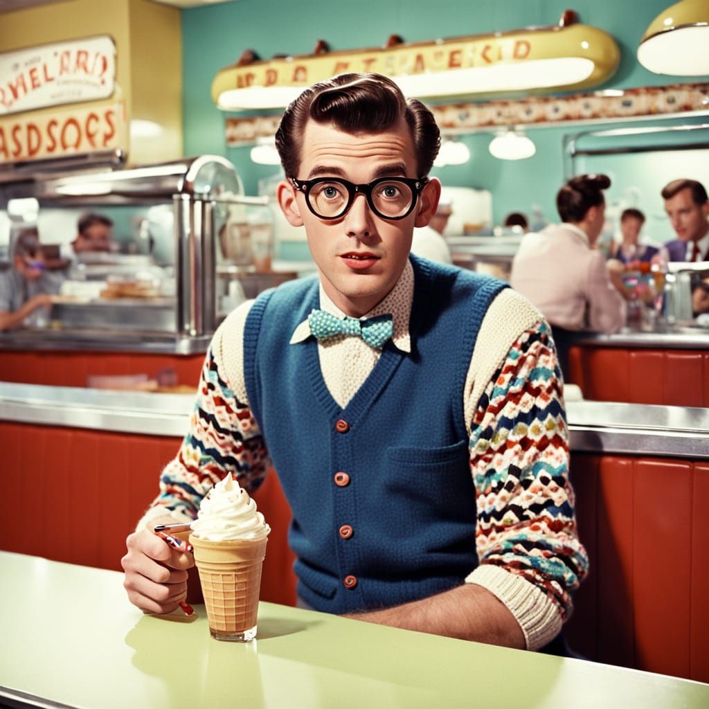 1950s Nerd Enjoying Ice Cream Parlor in Retro Style
