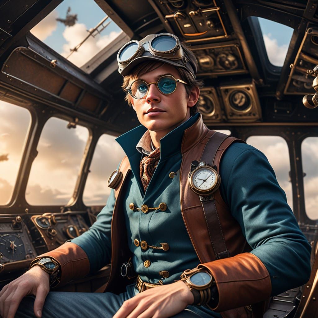 Steampunk Marty McFly in an Airplane