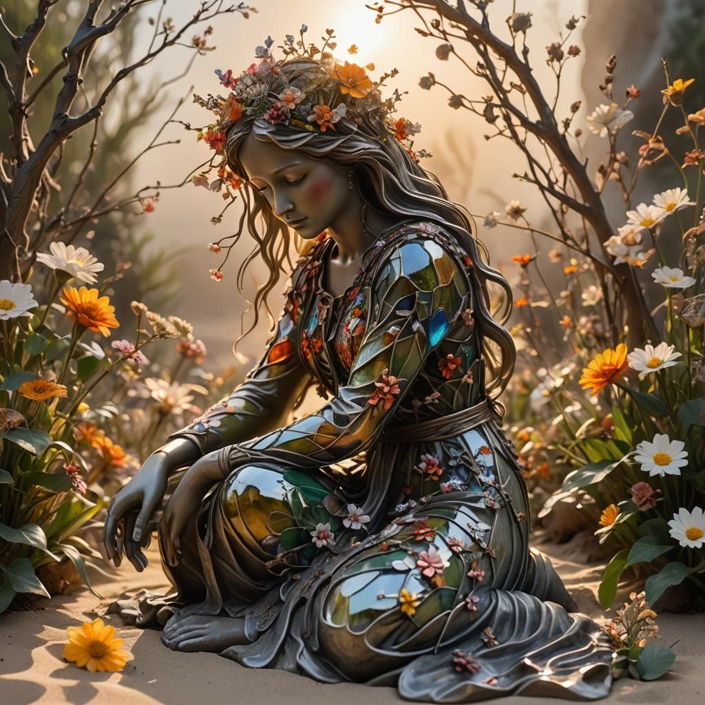 Glass Woman Filled with Flowers at Sunset