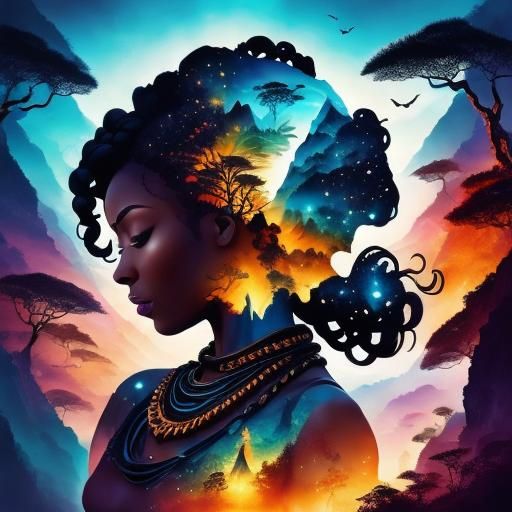African Woman Portrait with Birds and Waterfalls