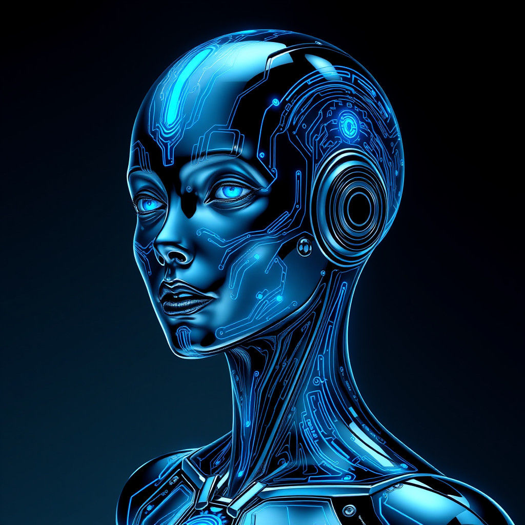 Sleek Chrome Android with Electric Blue Circuitry