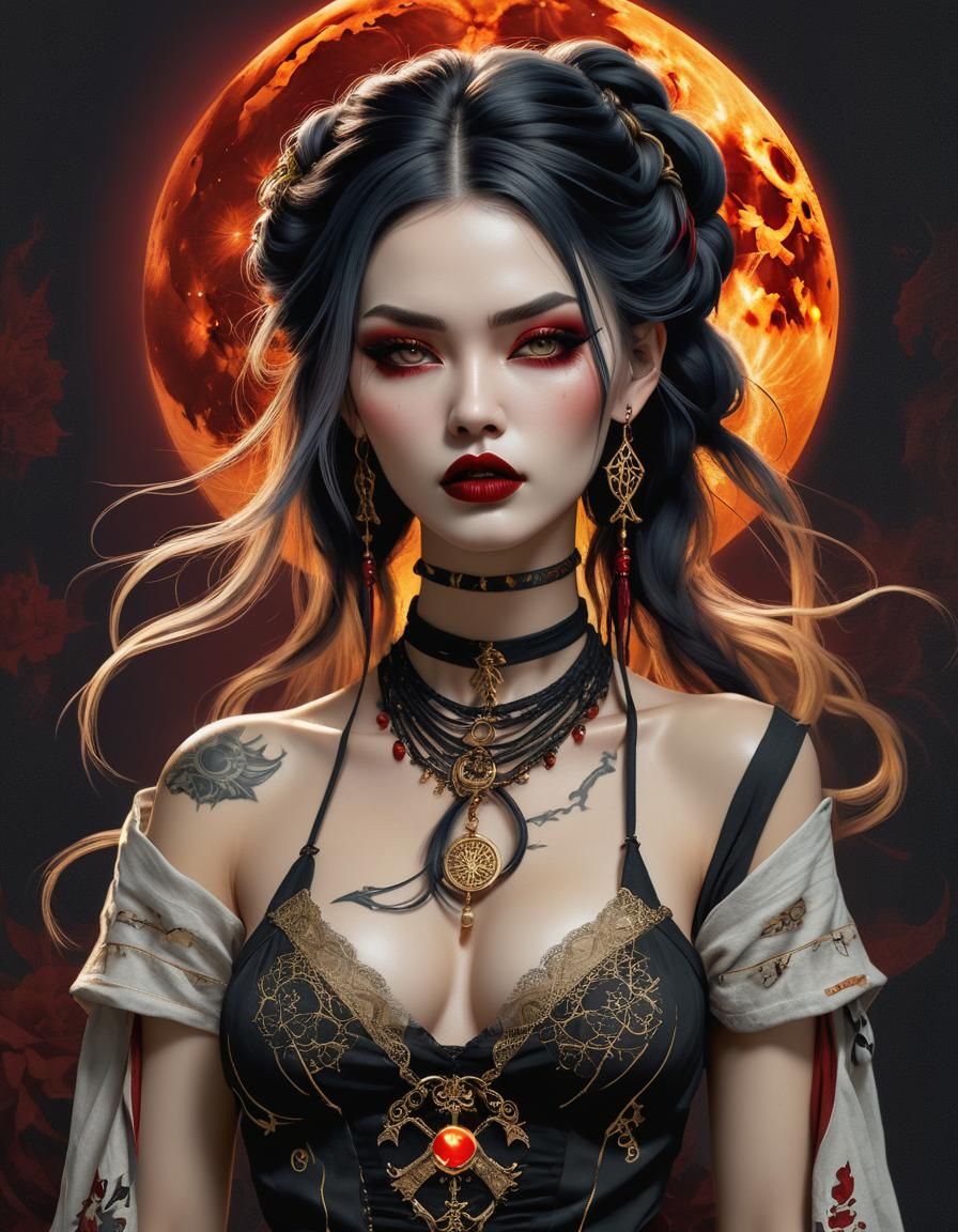 Gothic Goddess with Knotted Hair and Red Moon
