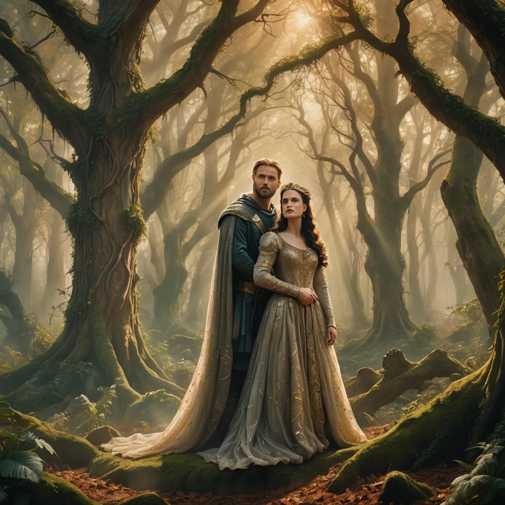 Guinevere and Arthur in Mystical Forest, Fantasy Art