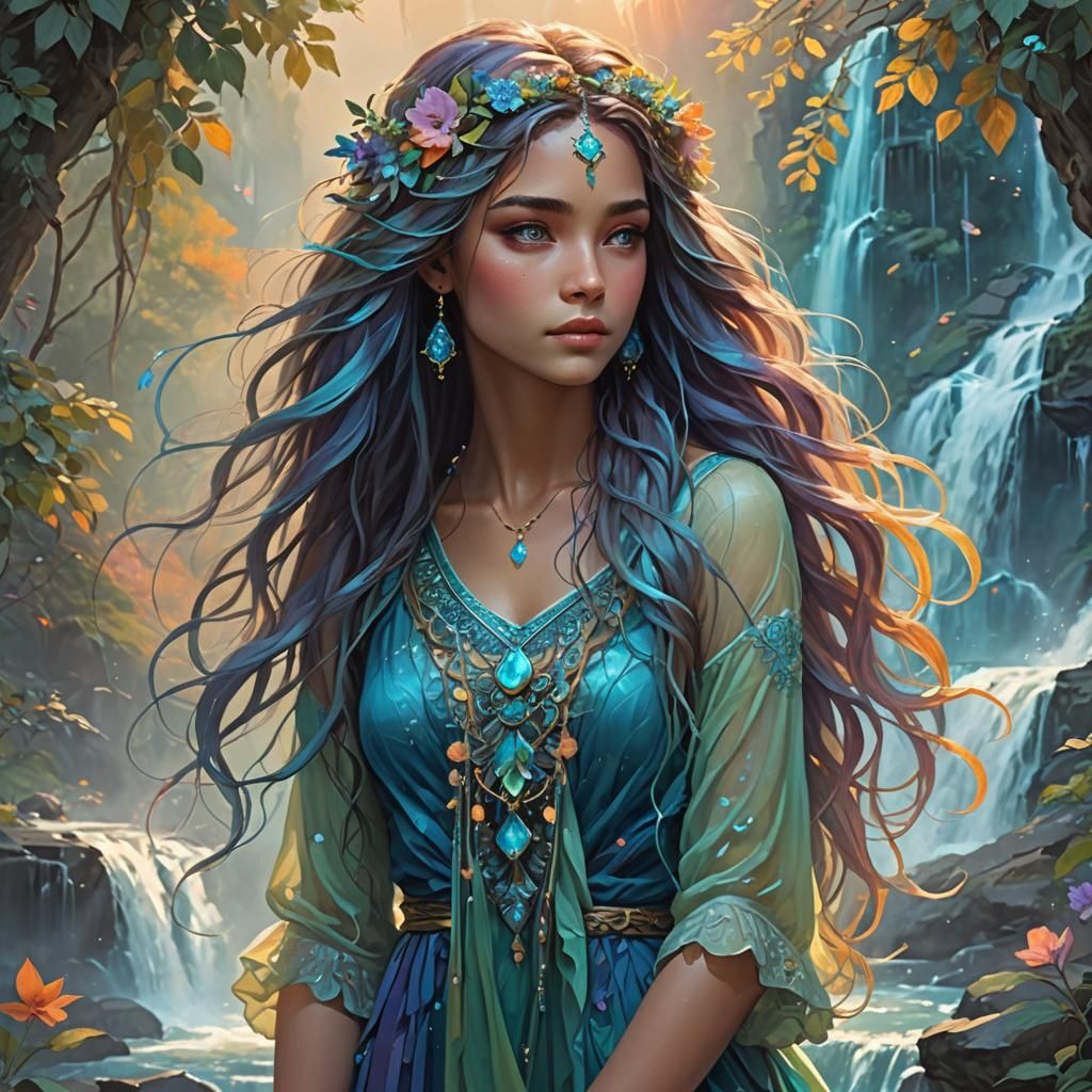 She could have flowing hair that resembles cascading waterfalls, with shades of blue, green, and turquoise. Her eyes cou...