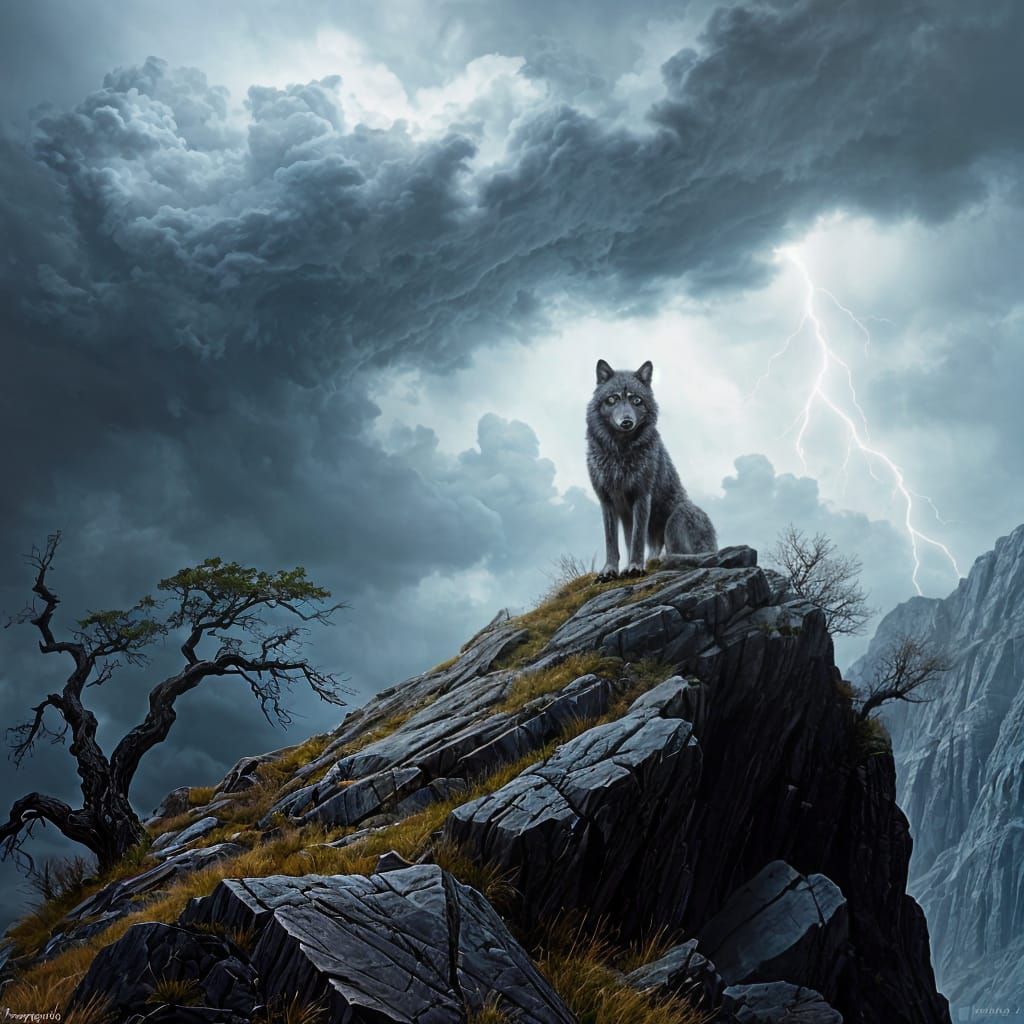 Wolf Silhouetted Against Stormy Sky in Dramatic Landscape