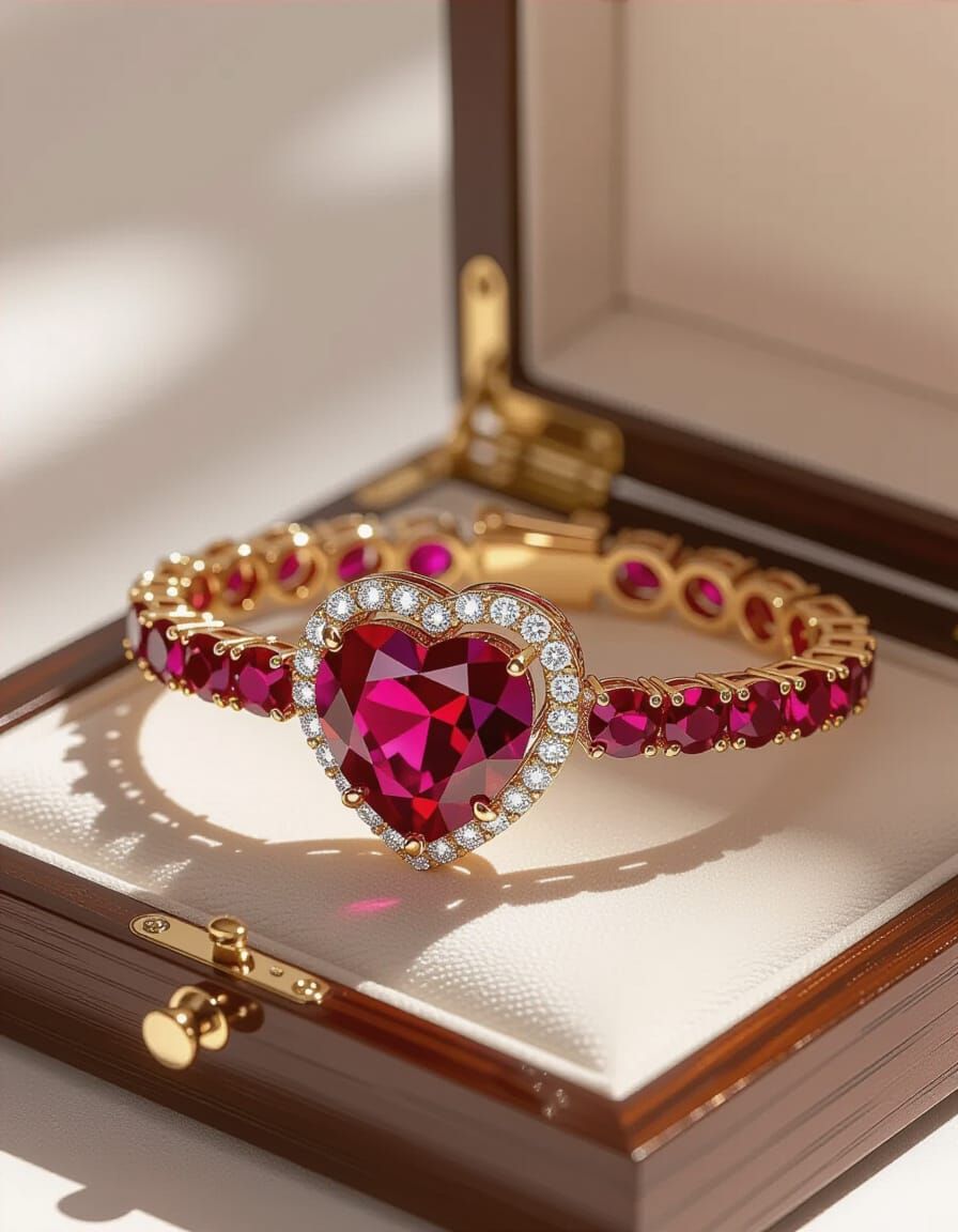 Regal Ruby Heart Bracelet in 3D Style