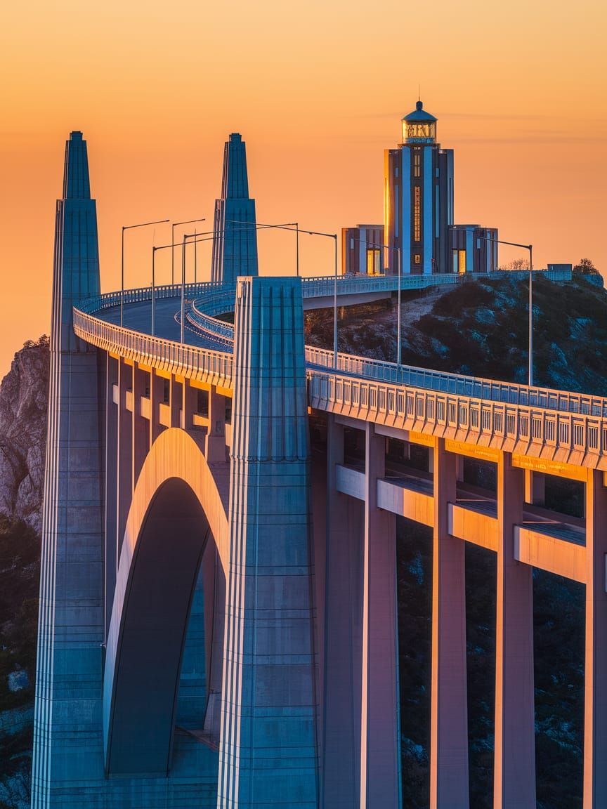 Envision an epic 1930s ornate Art Deco inspired high Bridge connecting the mainland to a high craggy island in the far d...