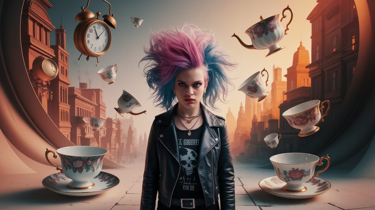 Punk Rock Dreamscape with Floating Teacups