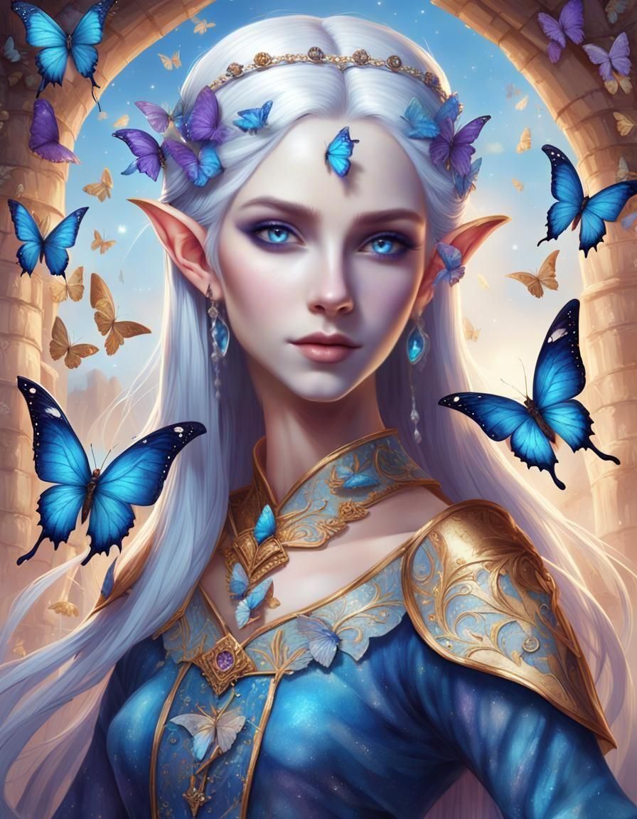 Elegant Elf Queen with Butterflies in Anime Style