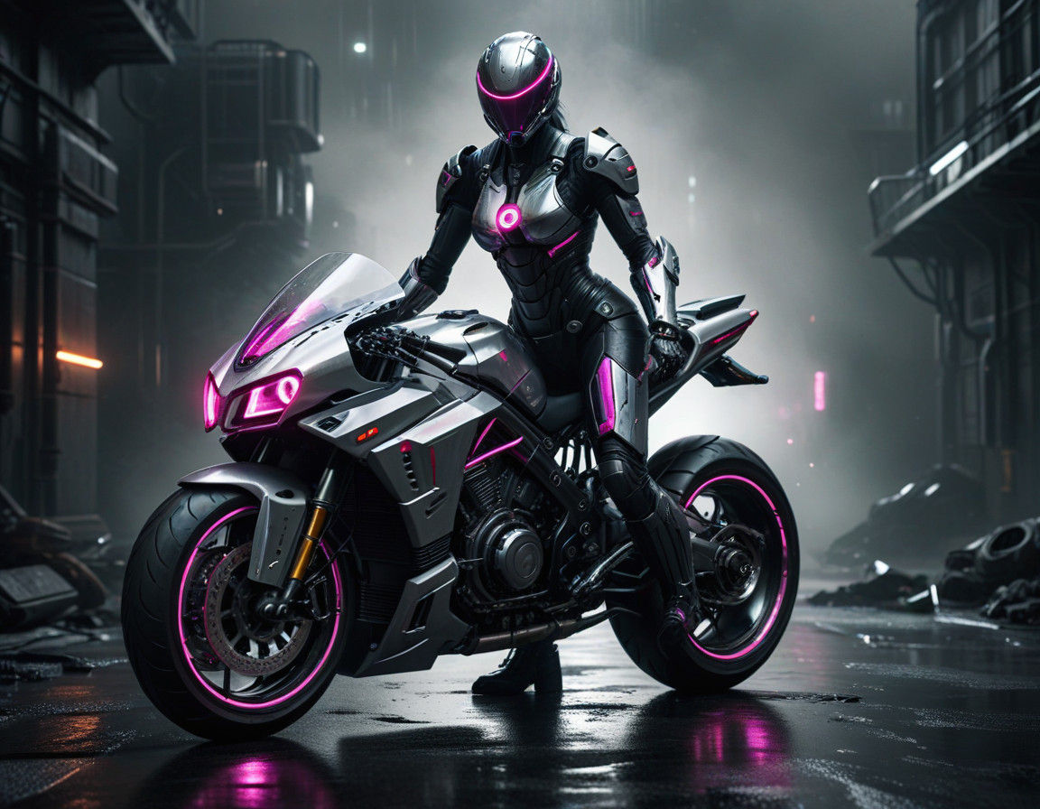 Cyberpunk Motorcycle with Metallic Armor and Glowing Energy...
