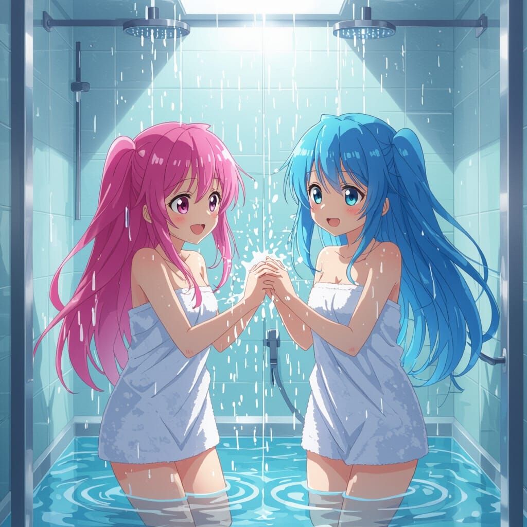 Cute Anime Girls Playfully Splashing in Shower