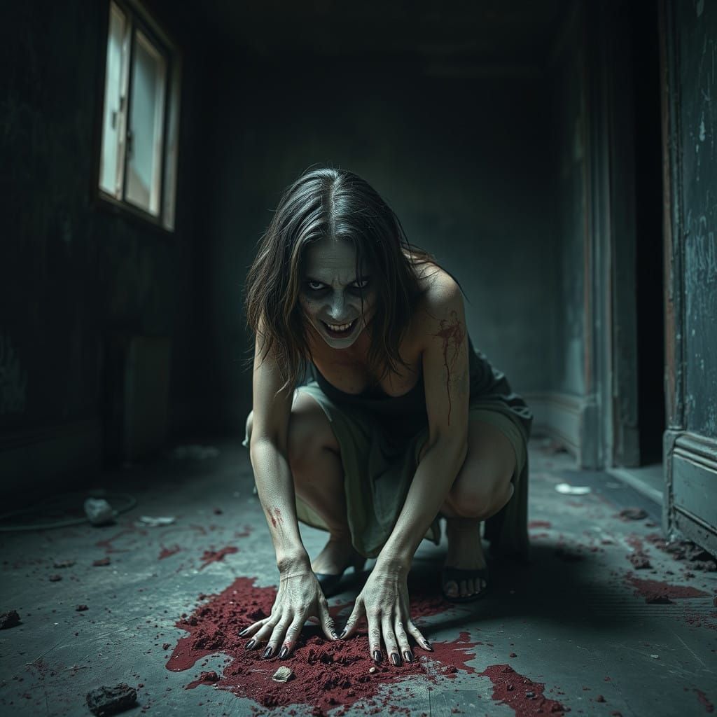 Ghoulish Woman in Dark, Dilapidated Room