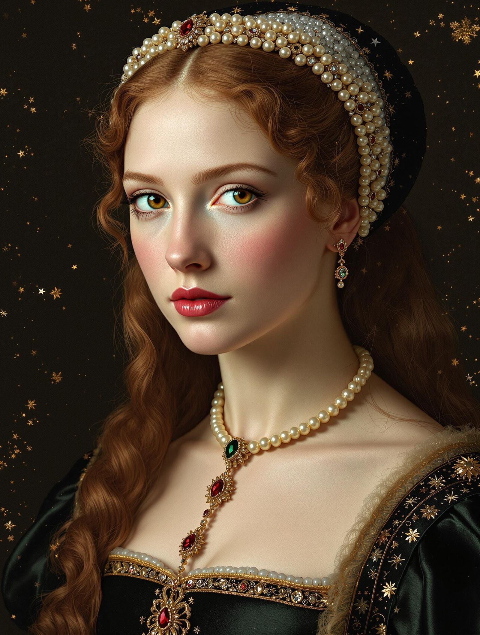 Elegant Tudor Queen in Gold-Flecked Opulence