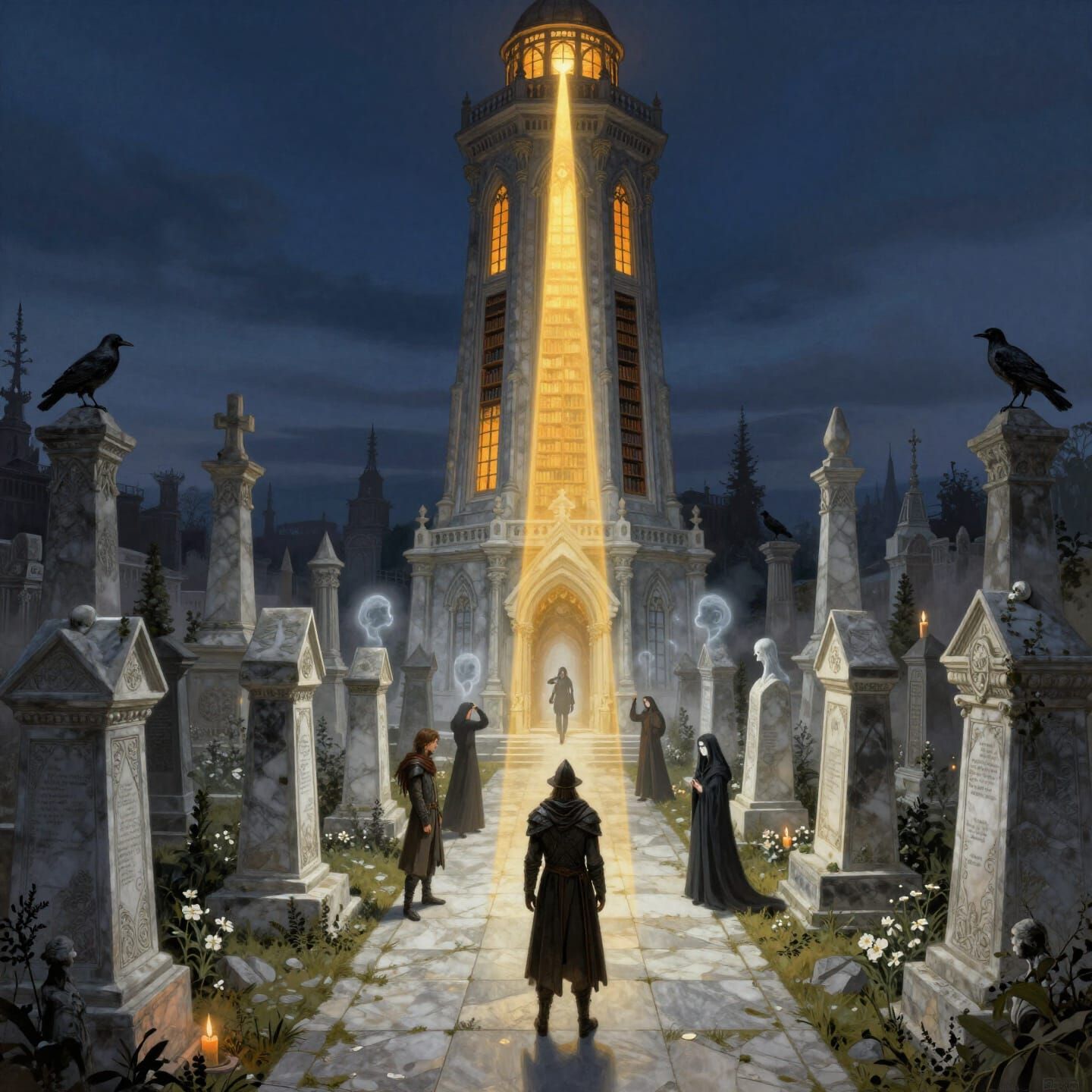 Gothic Fantasy Library Lighthouse Over City of the Dead