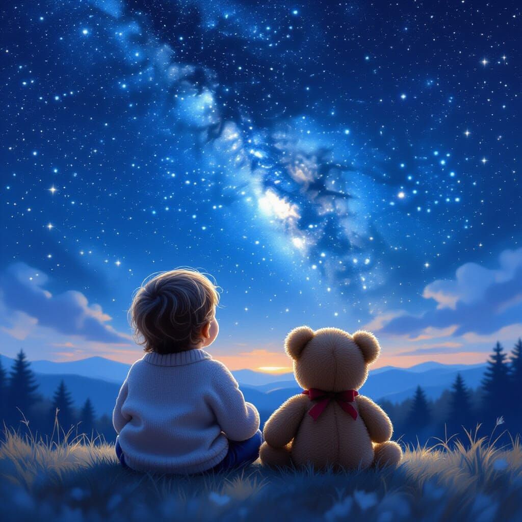 Child and Teddy Bear Gaze at Starry Night