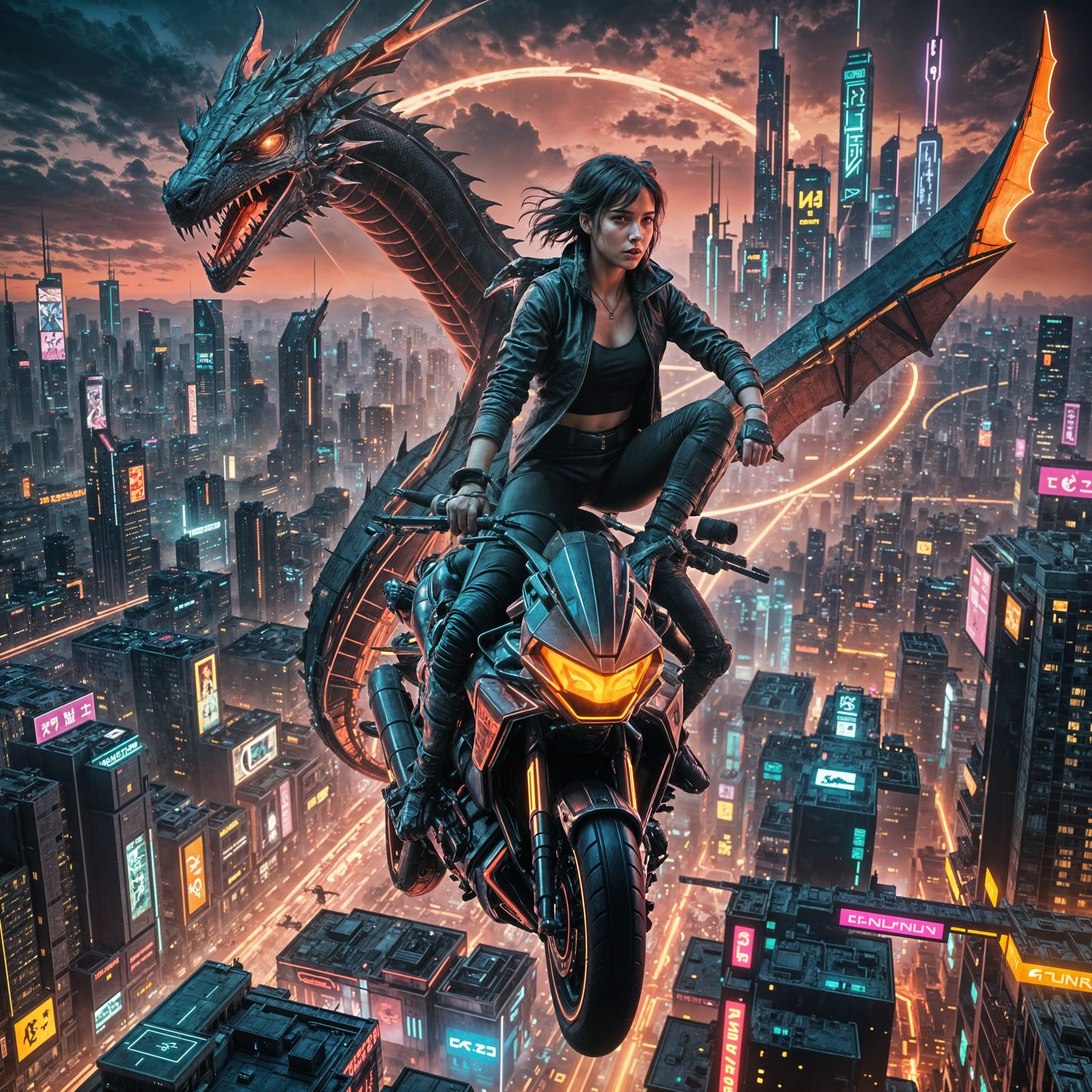 Woman on Dragon Over Cyberpunk Cityscape