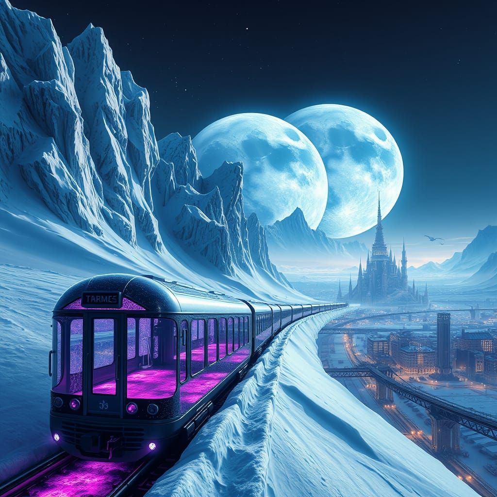 Regal Glass Train Glides Through Futuristic Cityscape Under ...