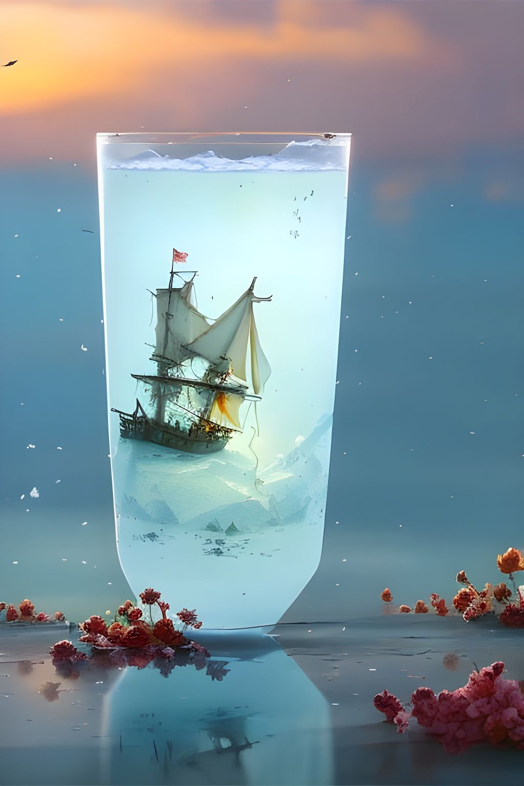 Frozen Shipwreck in Cocktail Glass: Detailed Digital Art