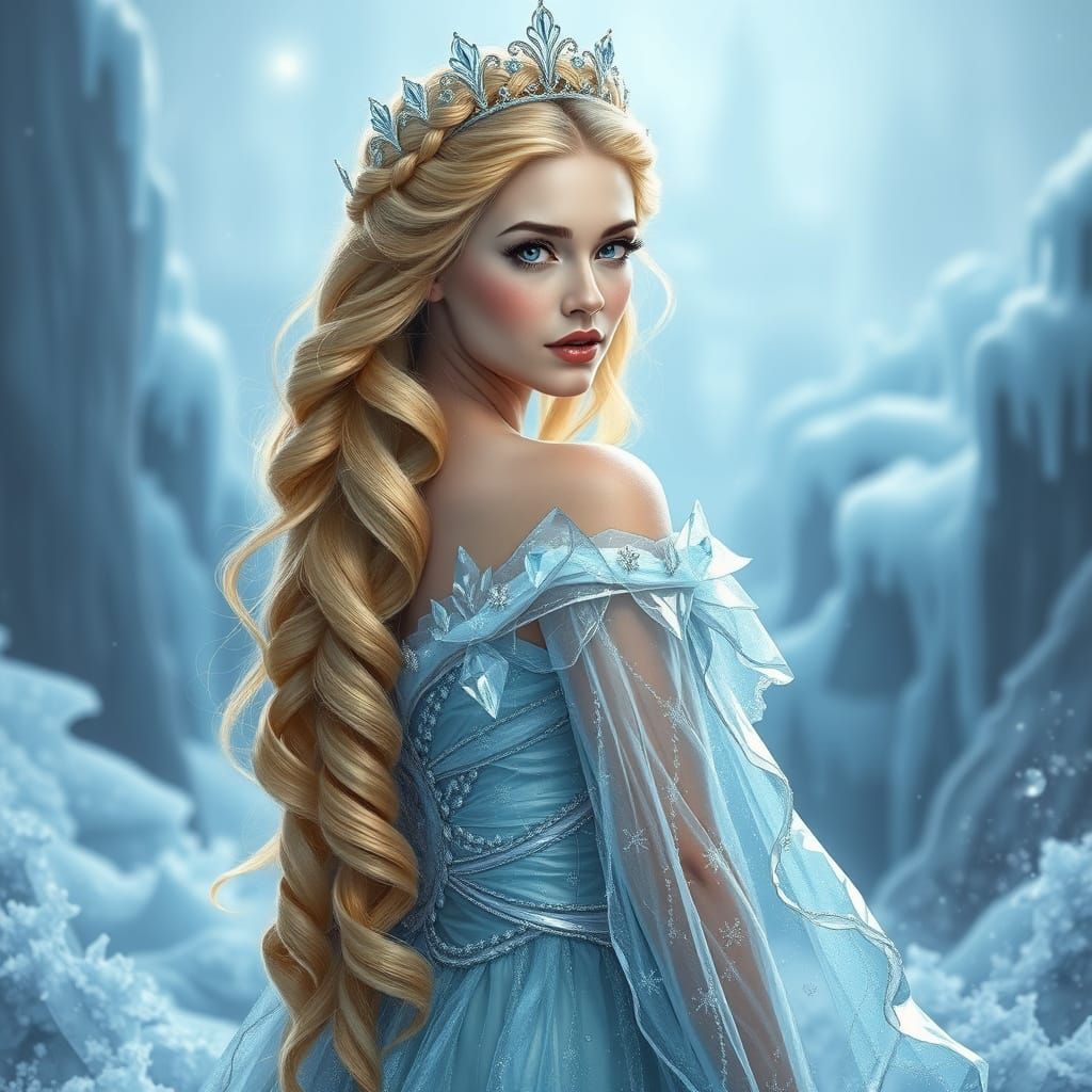 Ethereal Ice Princess in Whimsical Frosty Landscape