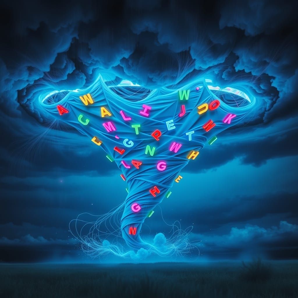 Synthwave Letters Swept Up in Tornado Under Stormy Night Sky