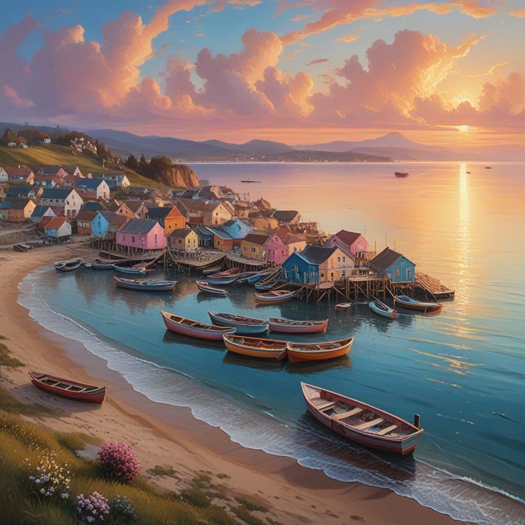 Sunset Fishing Village: Surreal Oil Painting