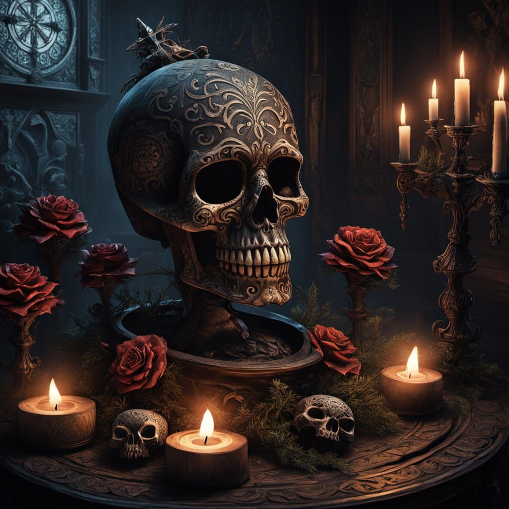 Macabre Day of the Dead Christmas Tree with Skull Ornaments