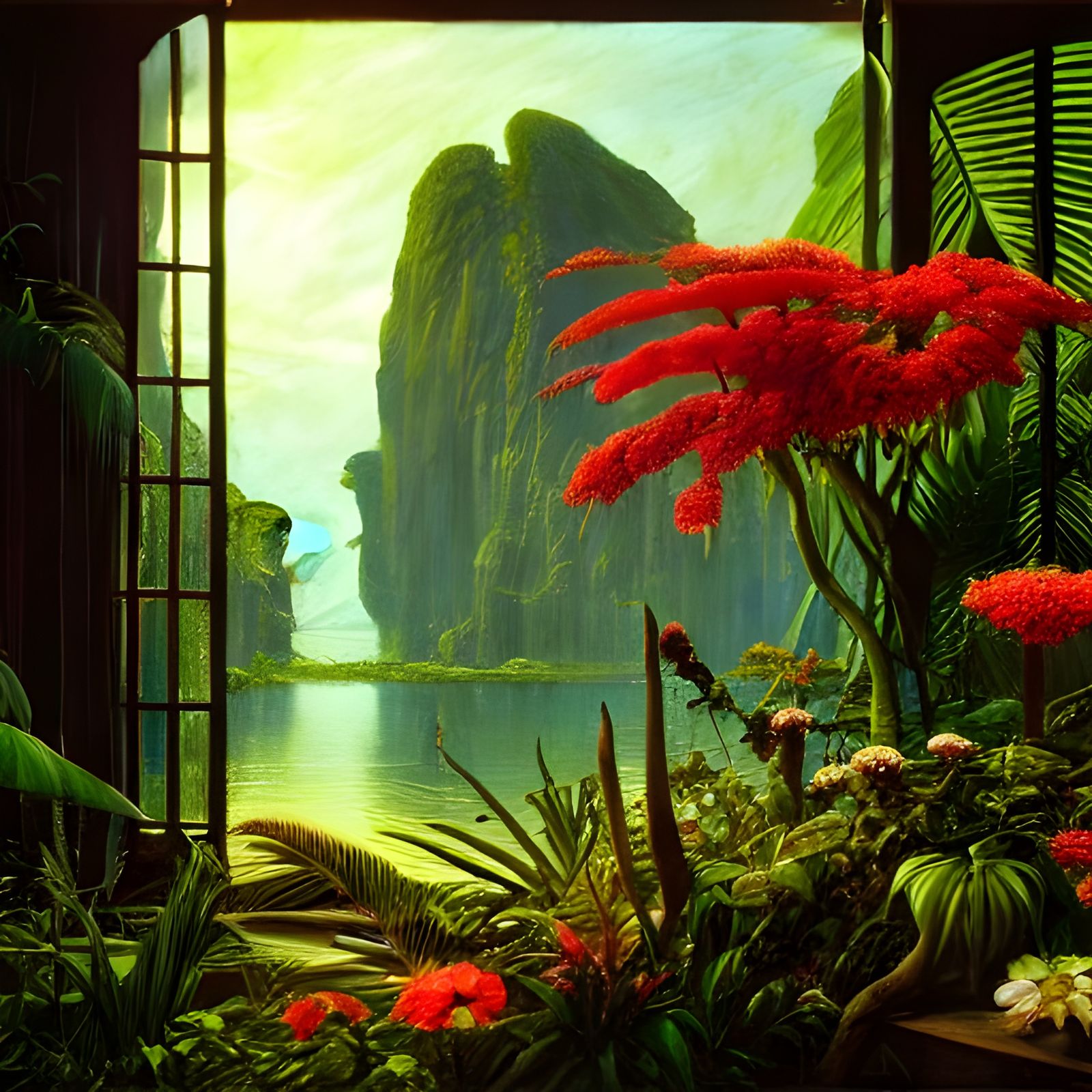 Paradise Landscape Painting with Exotic Flowers