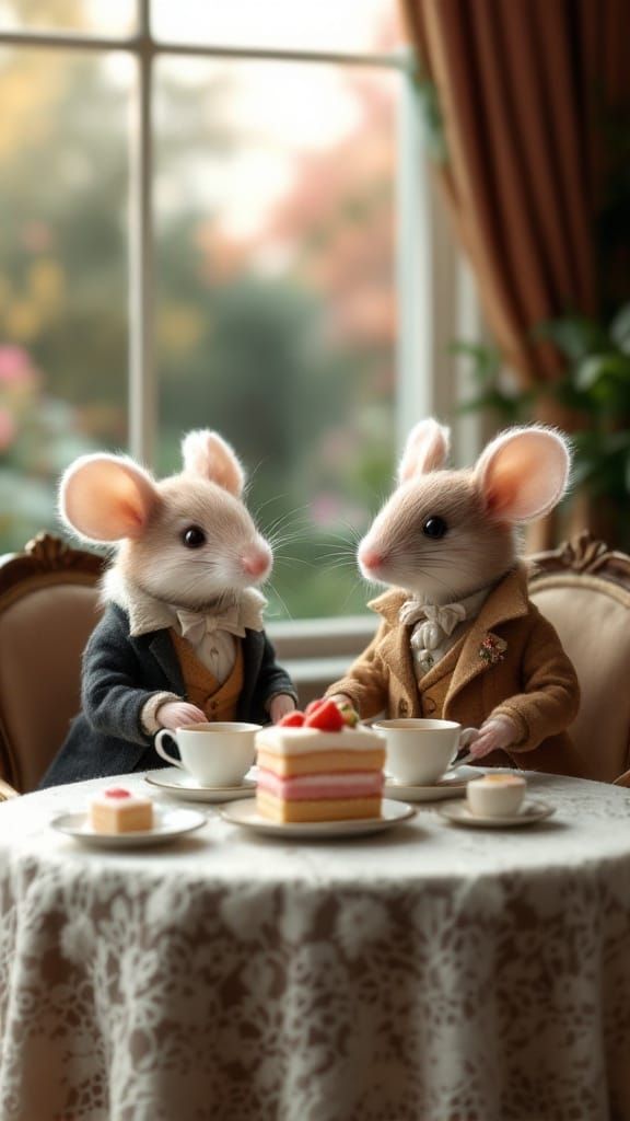Elegant Mice in Victorian Attire Enjoy Afternoon Tea