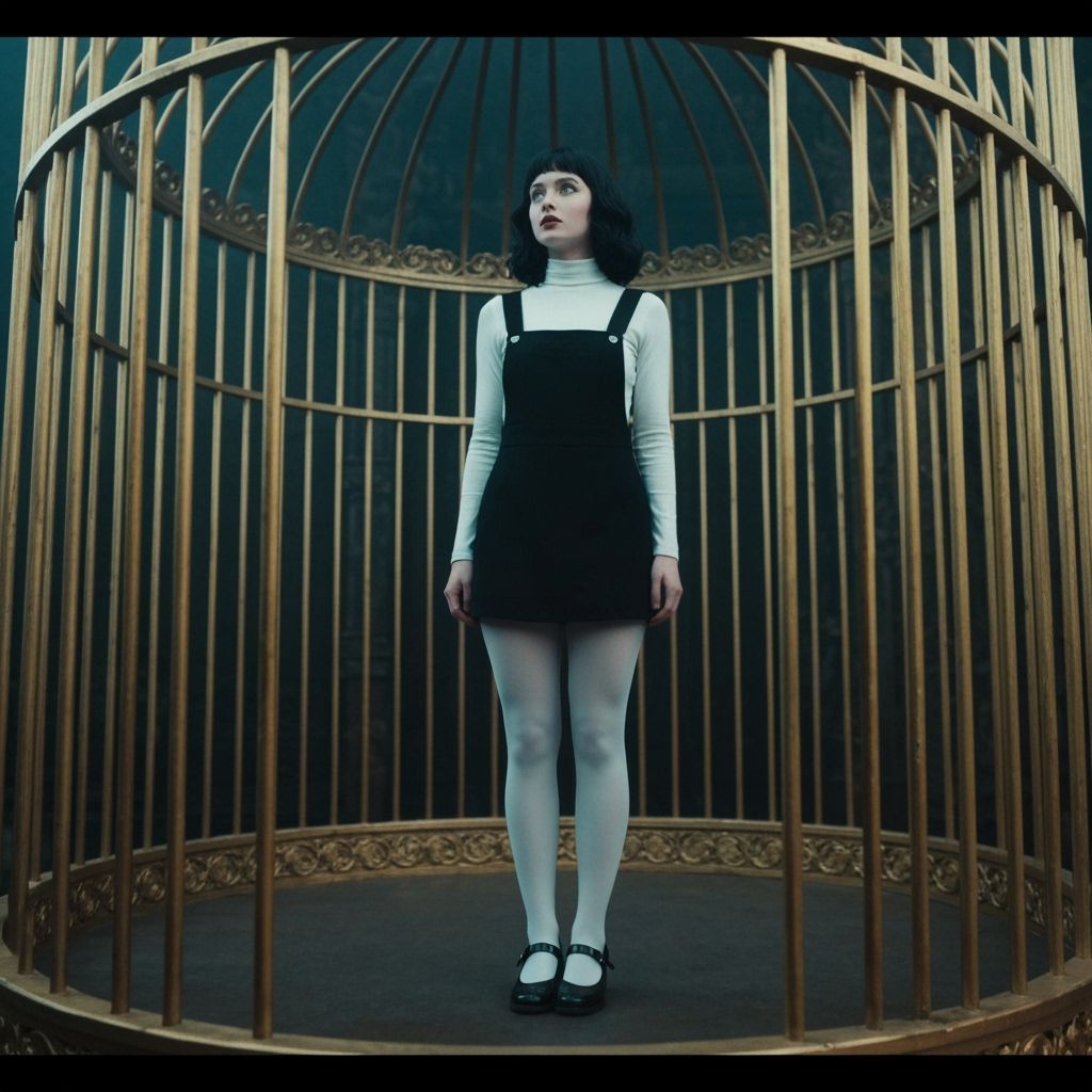 Woman in Birdcage: Cinematic Film Still