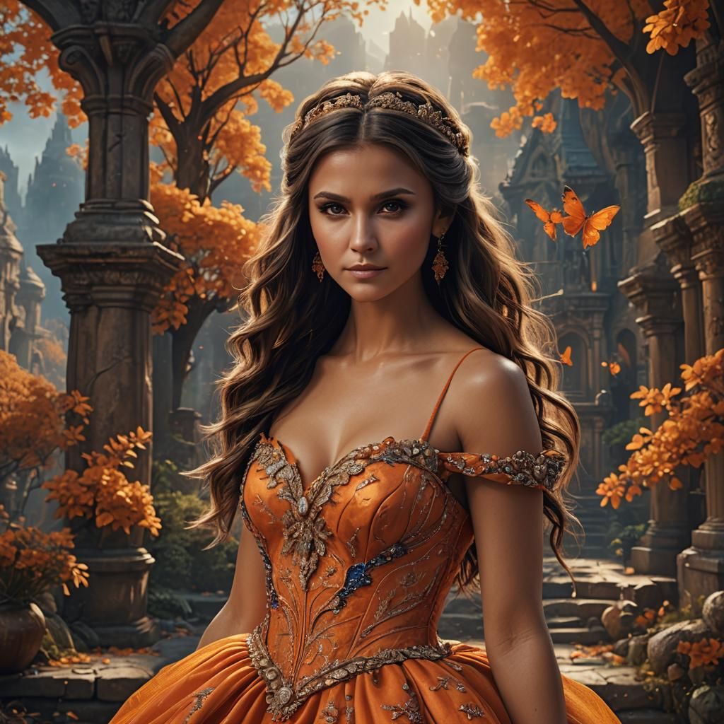 Nina Dobrev in Orange Ballgown: Detailed Matte Painting