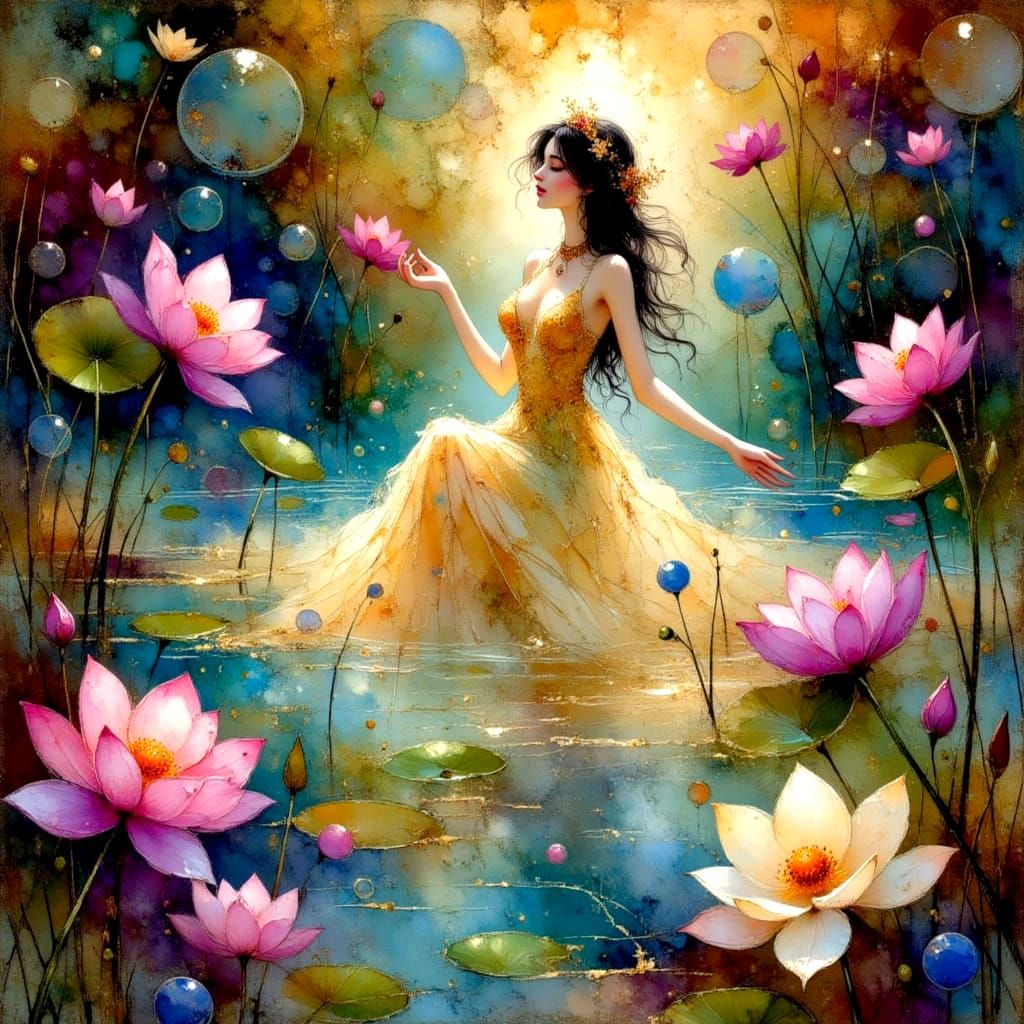 Surreal Lady of the Lake Scene in Ethereal Art Nouveau Style