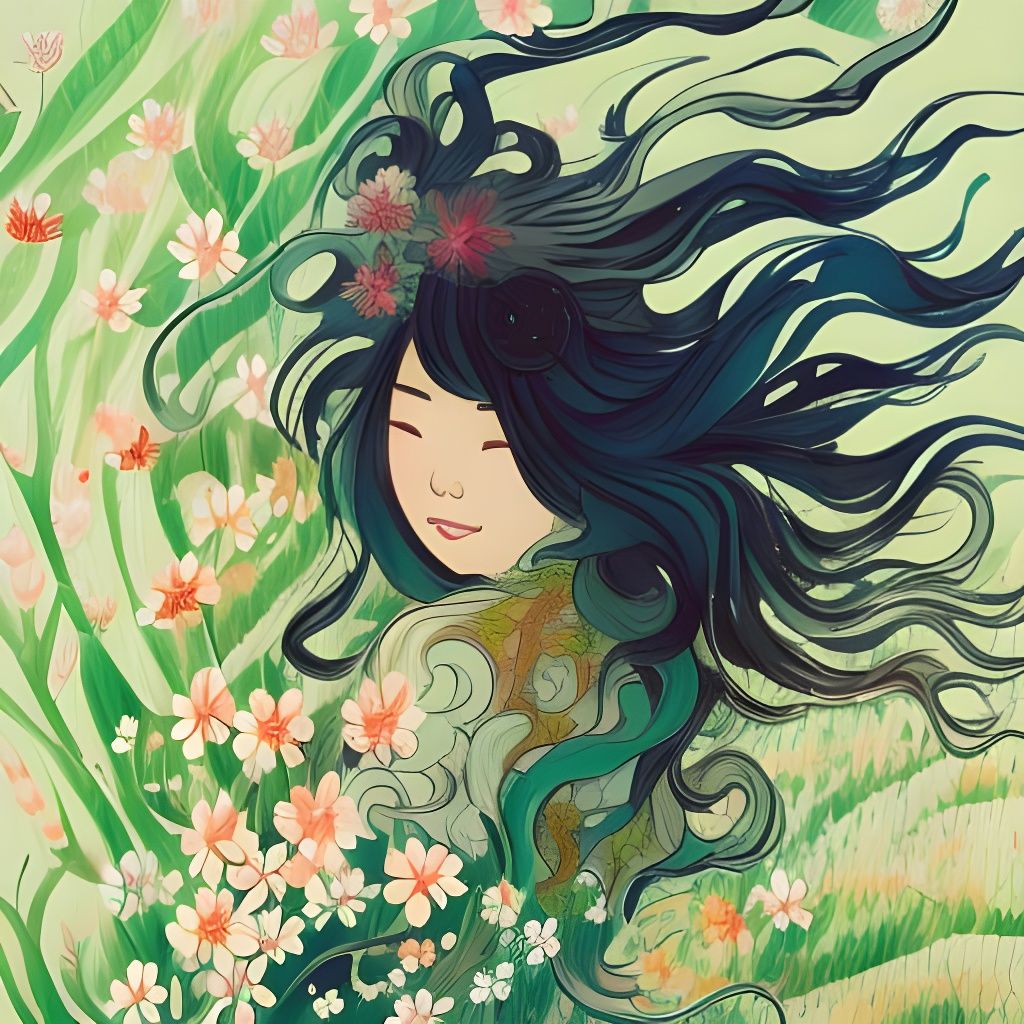 Ainu Girl Running Through Flower Field