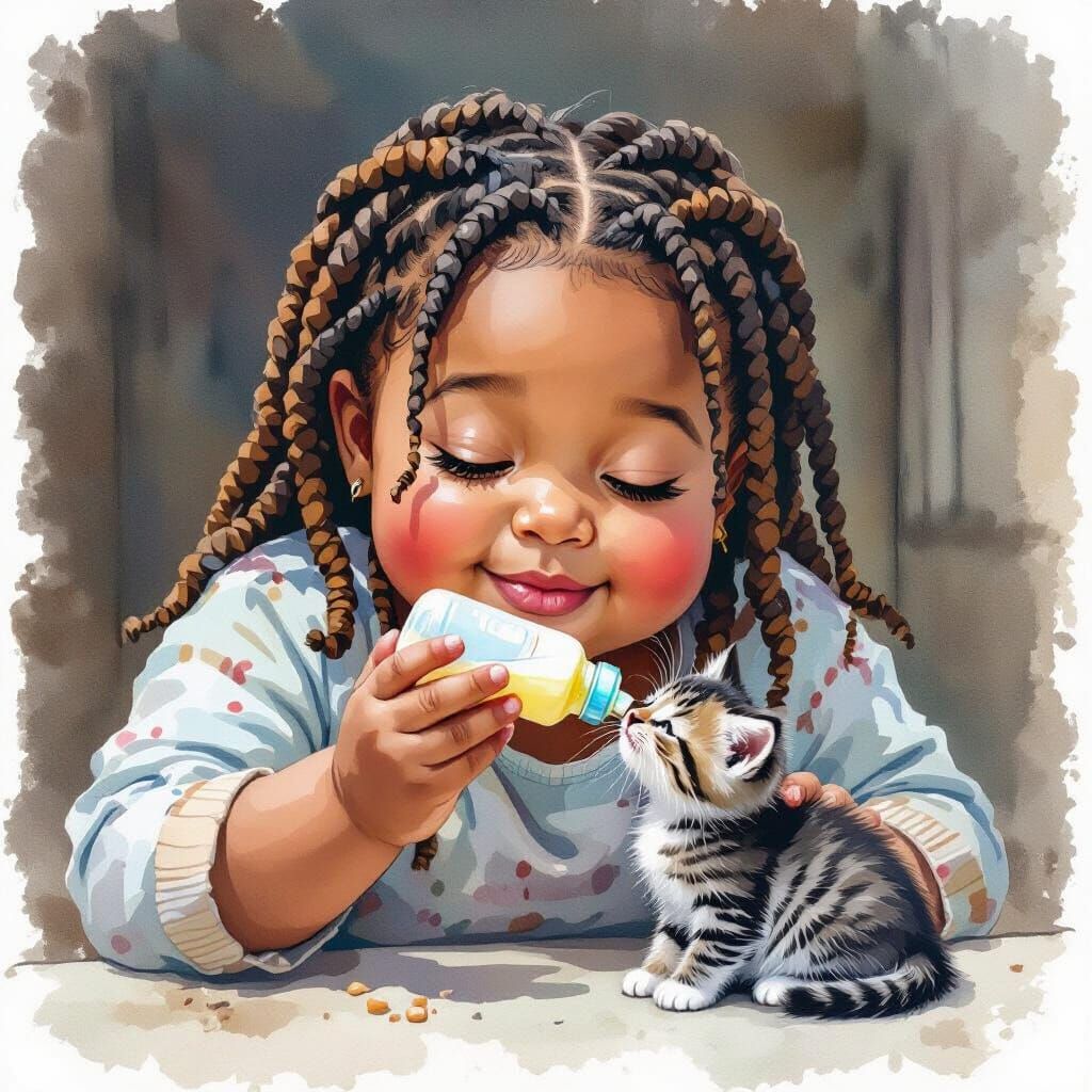 Girl Feeds Kitten: Watercolor Painting with Airbrush Texture...